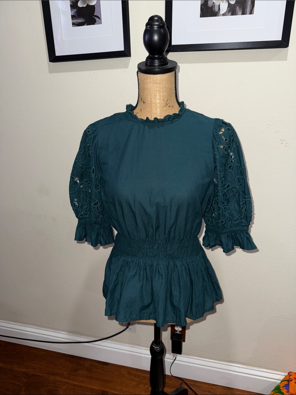 Universal Thread Teal Embroidered Puff Sleeve Smocked Peplum Top